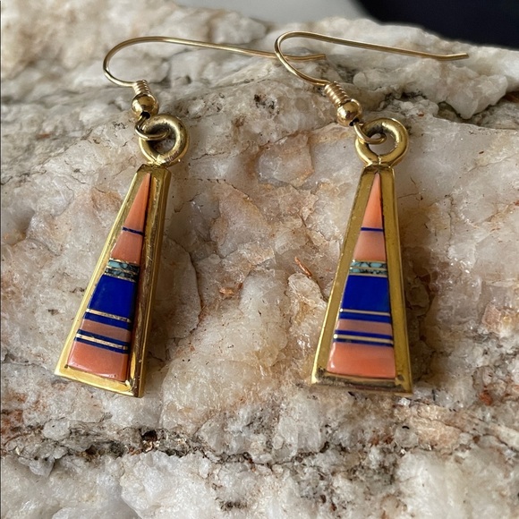 Jewelry - 18K GOLD Zuni Native American Vintage Multi-stone Dangle Earrings